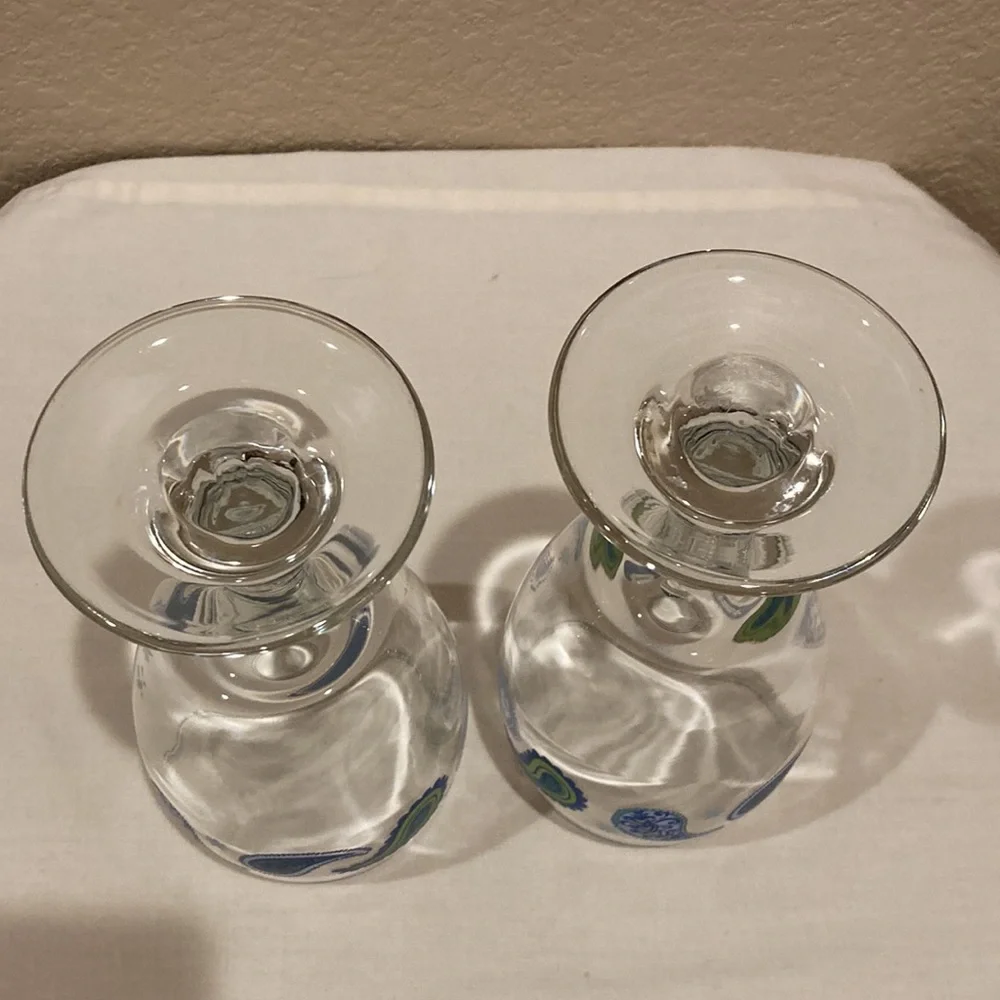 Set of 2 Libbey Paisley Wine Water Goblets Glasses Blue and Green Design 14oz